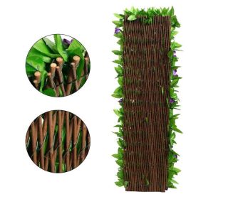 Simulation fence leaves wooden fence Retractable fence fake plant fence Garden yard decoration fence (select: Grey)