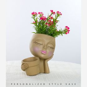 Resin Flower Pot Vase Artistic Sculpture Head Planter Flower Pot (Color: Coffee)